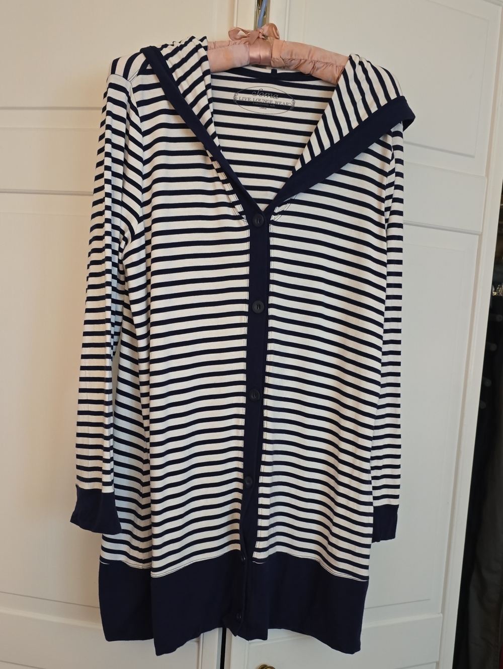 Soma Navy and White Striped Hooded Cardigan Loungewear Size Large